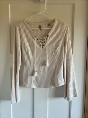 Shyanne Cream Lace-Up Long Sleeve Peasant Top